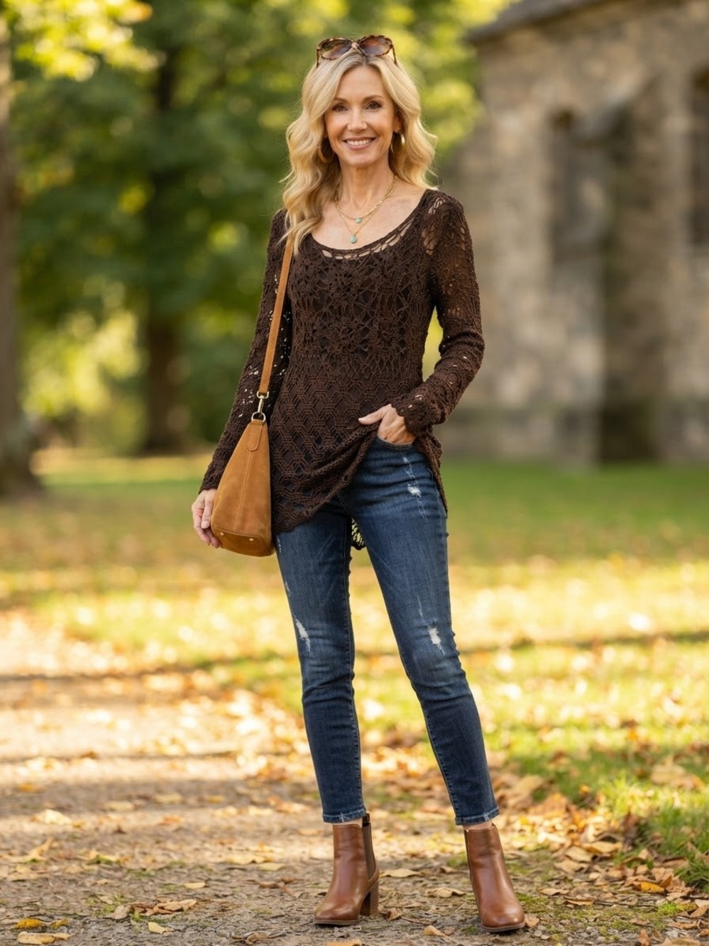Brown Crochet Long Sleeve Open Weave Mini Dress / Top size xl The Limited